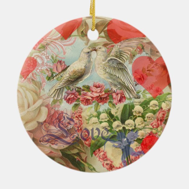 Love Birds Vintage Antique Heart Ceramic Ornament (Back)
