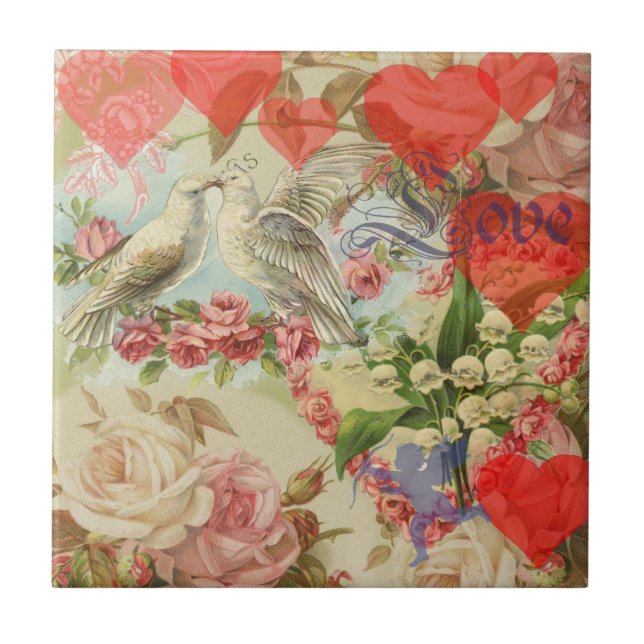 Love Birds Vintage Antique Heart Ceramic Tile (Front)