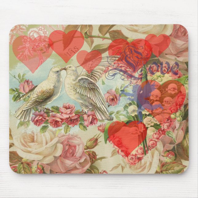 Love birds vintage antique heart love mouse pad (Front)