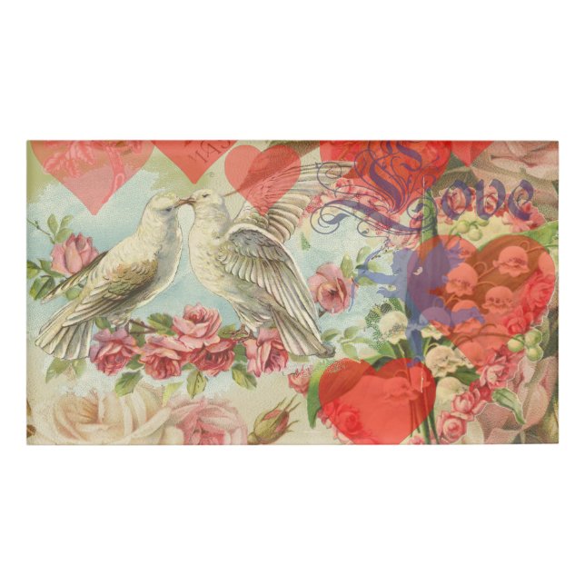 Love Birds Vintage Antique Heart Name Tag (Front)