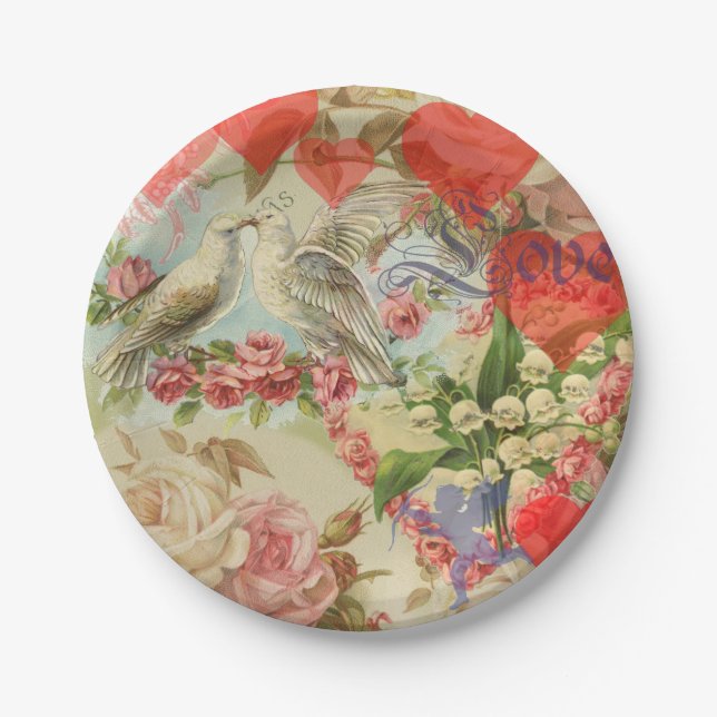 Love Birds Vintage Antique Heart Paper Plate (Front)