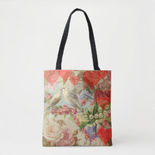 Love Birds Vintage Antique Heart Tote Bag