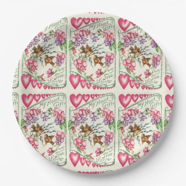 Love Birds Vintage Valentine's Day Paper Plates (Front)