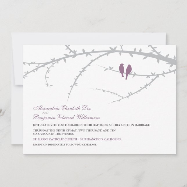 Love Birds Wedding Invitation (lavender) (Front)