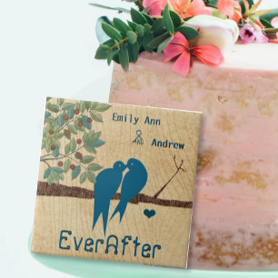Love Birds Wood Grain Tree Ever After Anniversary Ceramic Tile