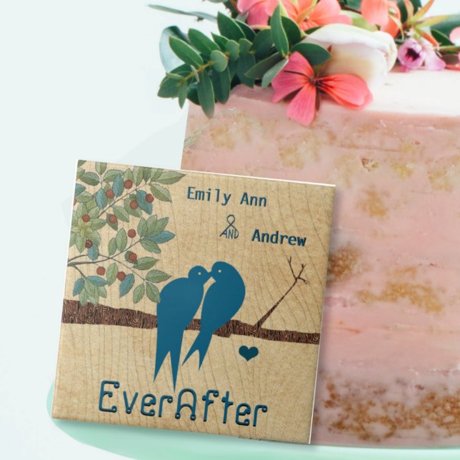 Love Birds Wood Grain Tree Ever After Anniversary Ceramic Tile (Creator Uploaded)