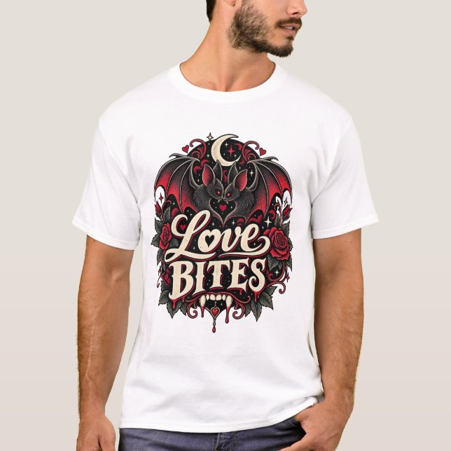 Love Bites Gothic Vampire Bat Romantic T-Shirt (Front)