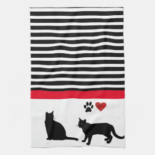 Love Black Cat with Black White Stripes Decor Tea Towel