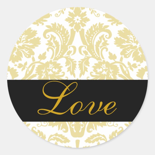 Love Black & Gold Damask Wedding Sticker (Front)