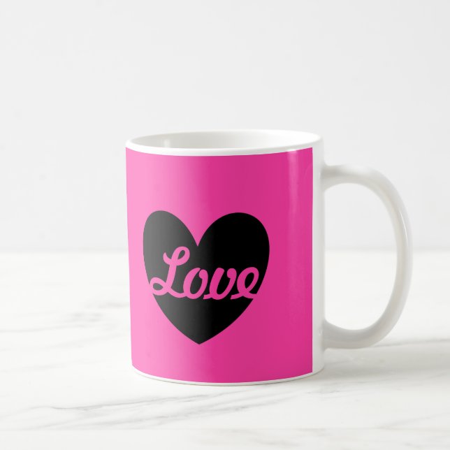 "Love" Black heart on fuchsia pink Coffee Mug (Right)
