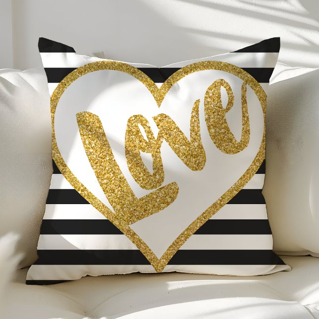 Love Black & White Gold Glitter Stripes Cushion (Creator Uploaded)
