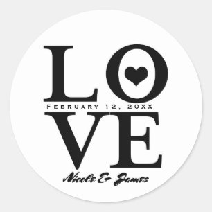 LOVE Black & White Modern Chic Wedding Favour Classic Round Sticker