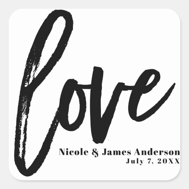 LOVE Black White Modern Typography Wedding Favour Square Sticker (Front)