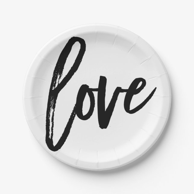 LOVE Black White Modern Typography Wedding Party Paper Plate (Front)