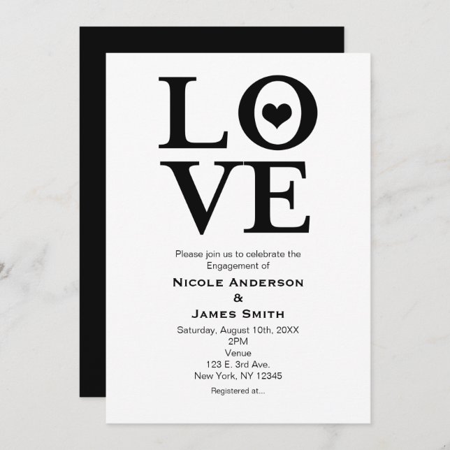 LOVE Black & White Wedding Engagement Invitations (Front/Back)