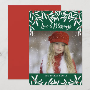 Love & Blessings Red Berries Green Christmas Photo Holiday Card