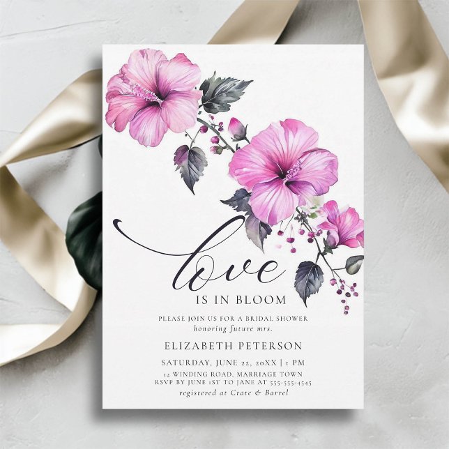  Love Bloom Bold Hibiscus Tropical Bridal Shower Invitation (love is in bloom bridal shower invitation tropical pink bold hibiscus flowers floral elegant chic)