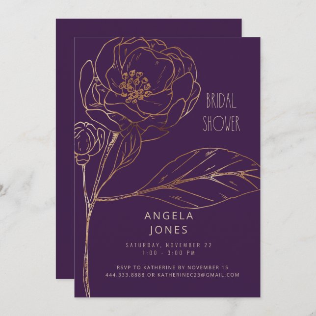 Love Blooming Plum Gold Floral Bridal Shower Invitation (Front/Back)