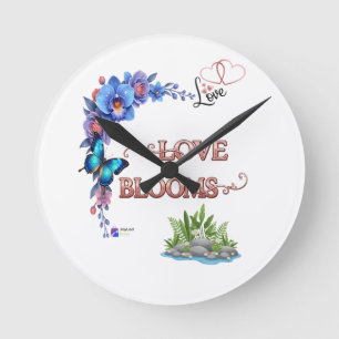 Love Blooms" Aesthetic Floral Bouquet & Butterfly Round Clock