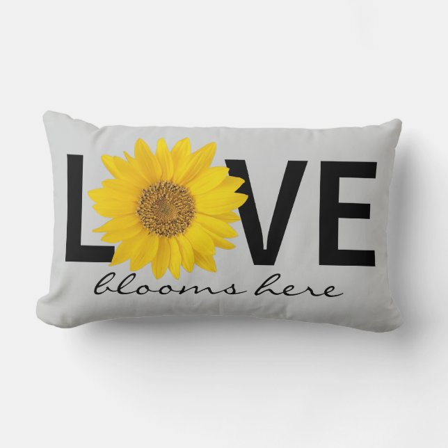 Love Blooms Here Sunflower Grey Lumbar Pillow (Front)