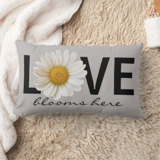 Love Blooms Here White Daisy Grey Lumbar Pillow