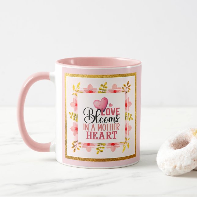 Love Blooms in a Mother's Pink Heart Floral  Mug (With Donut)