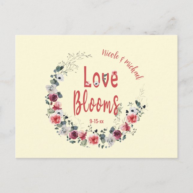 Love Blooms Personalised Bride Groom Save the Date Postcard (Front)
