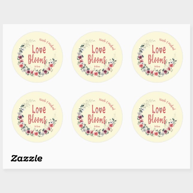 Love Blooms Personalised Bride Groom Wedding Date Classic Round Sticker (Sheet)
