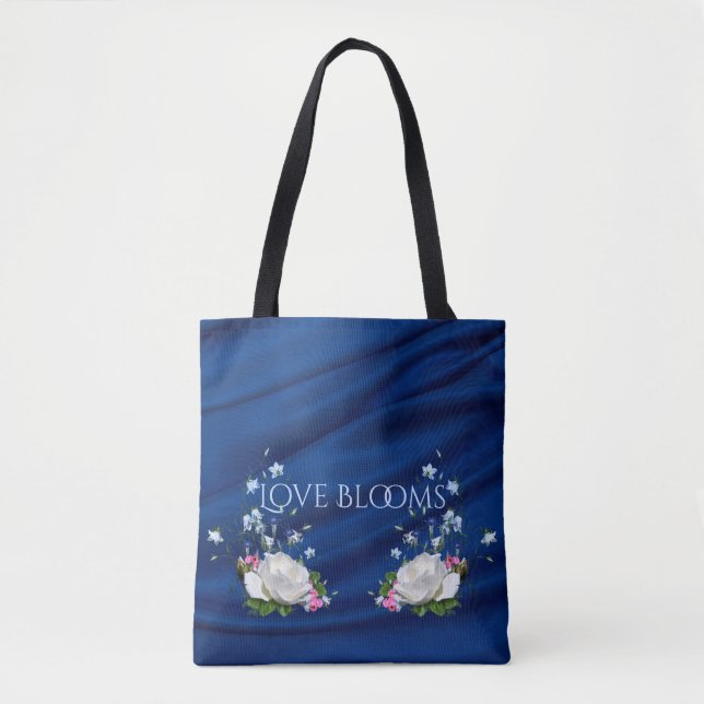 Love Blooms White Roses Blue Drape Custom Tote Bag (Front)