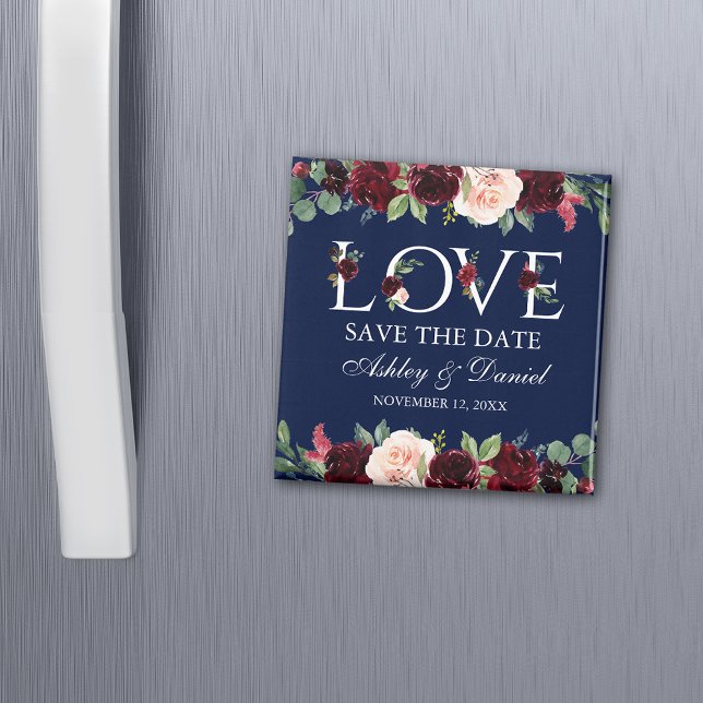Love Blue Burgundy Watercolor Floral Save The Date Magnet (Customize to change your personalized text size, text style or background color.)