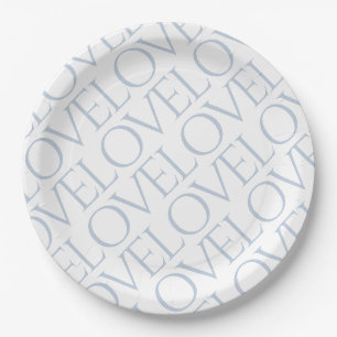 Love Blue Grey Typographic Pattern Paper Plates