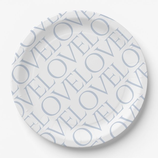 Love Blue Grey Typographic Pattern Paper Plates (Front)