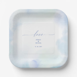 Love   Blue Heart & Watercolor Wedding Paper Plate