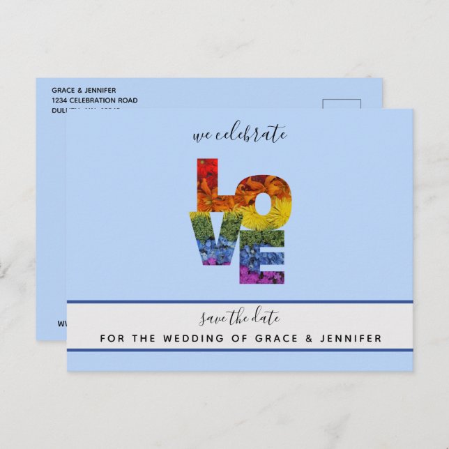 LOVE Blue Themed Same-Sex Wedding Save the Date Postcard (Front/Back)