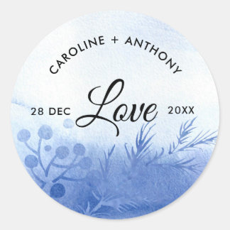 Love. Blue Watercolor Winter Branches Wedding Classic Round Sticker