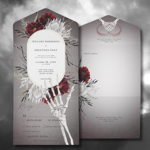 Love & Bones Spooky Red Floral Wedding Dinner All In One Invitation