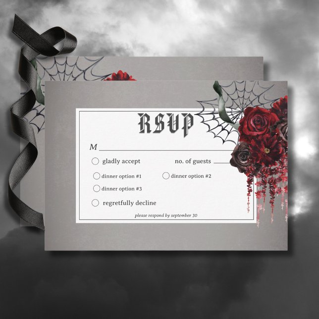 Love & Bones Spooky Red Floral Wedding Dinner RSVP Card (Love & Bones Spooky Red Floral Wedding Response Card with Dinner Options)