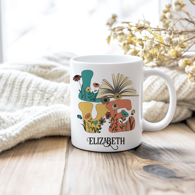 LOVE Books Custom Name Retro Wildflowers Coffee Mug (LOVE Books Custom Name Retro Wildflowers Coffee Mug on a neutral cozy wooden table.)