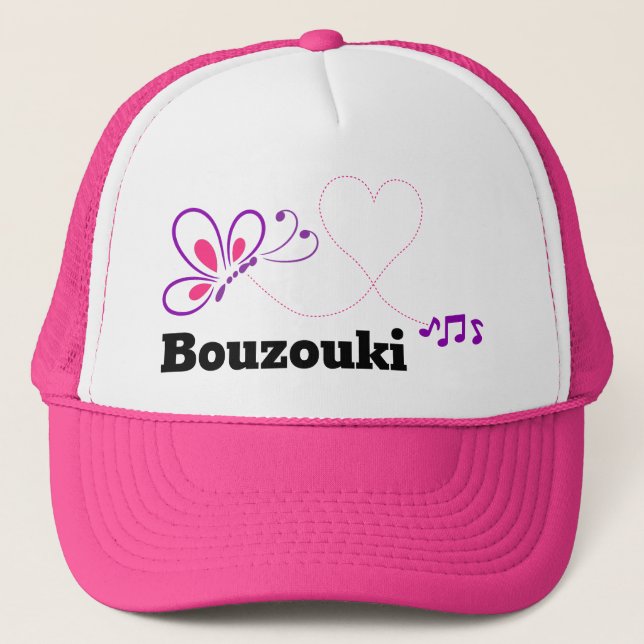 Love Bouzouki Pink Purple Butterfly Heart Trucker Hat (Front)