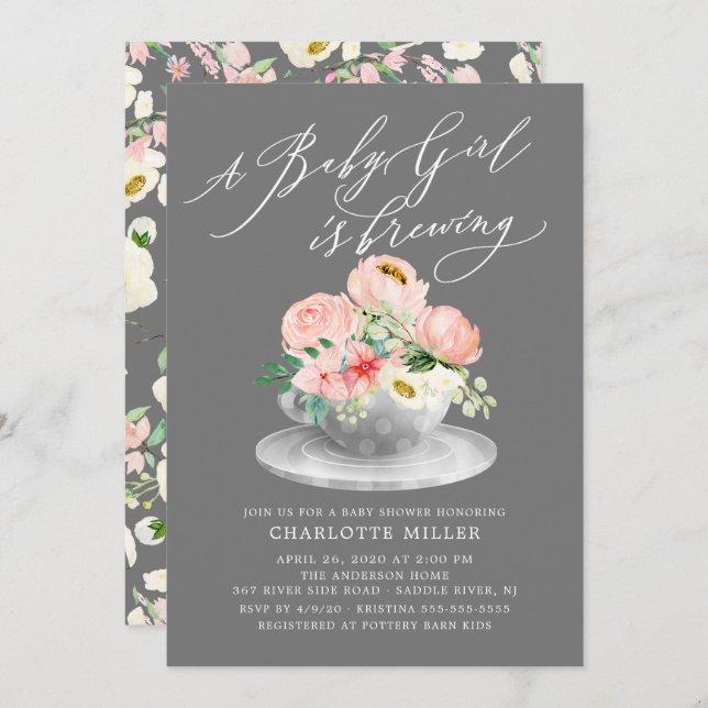 Love Brewing Pink Peonies Floral Baby Tea Shower Invitation (Front/Back)