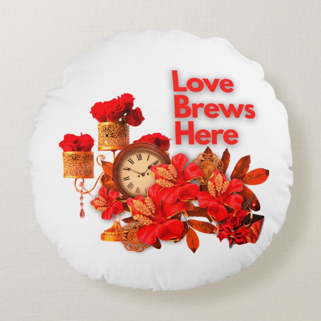 Love Brews Here Round Cushion (Front)
