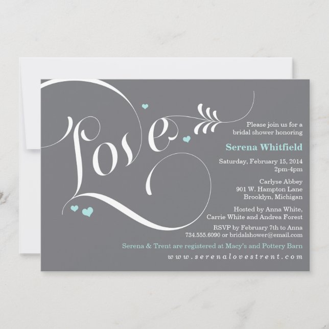 Love Bridal Shower Invitation Blue & Grey (Front)