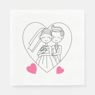 Love Bride And Groom Cartoon Pink Heart Wedding Napkin