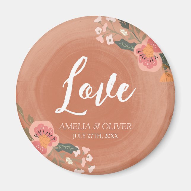 Love Brown Wood and Floral Rustic Wedding Magnet (Front)