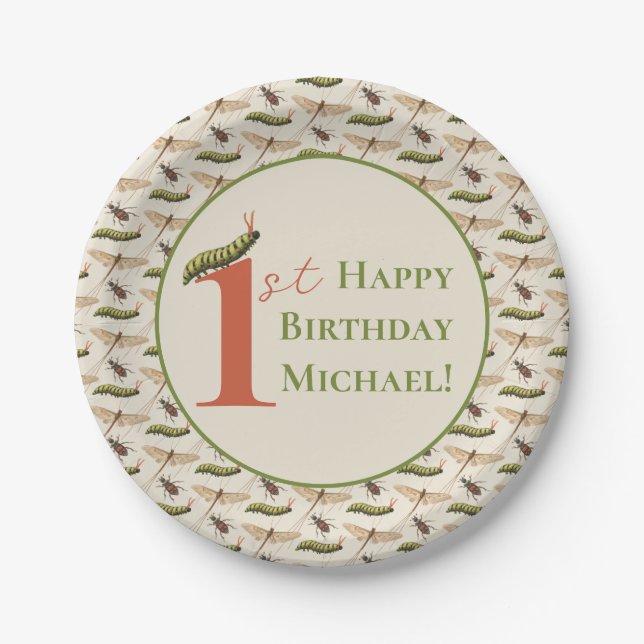Love Bug Insect Custom Name 1st Birthday   Paper Plate (Front)