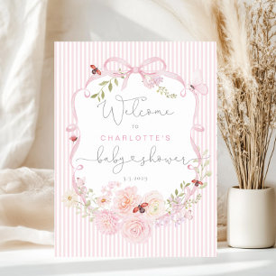 Love Bug Pink Bow Stripes Baby Shower Welcome Poster