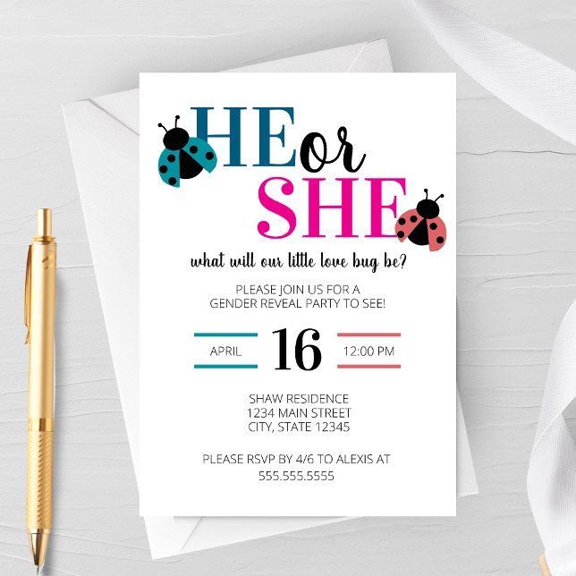 Love Bug Spring Gender Reveal Party Invitation (He or She What Will Our Little Love Bug Be Spring or Summer Gender Reveal Party Invitation)