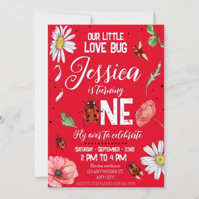 Love bug Watercolor Cute Birthday Girl  Invitation (Front)