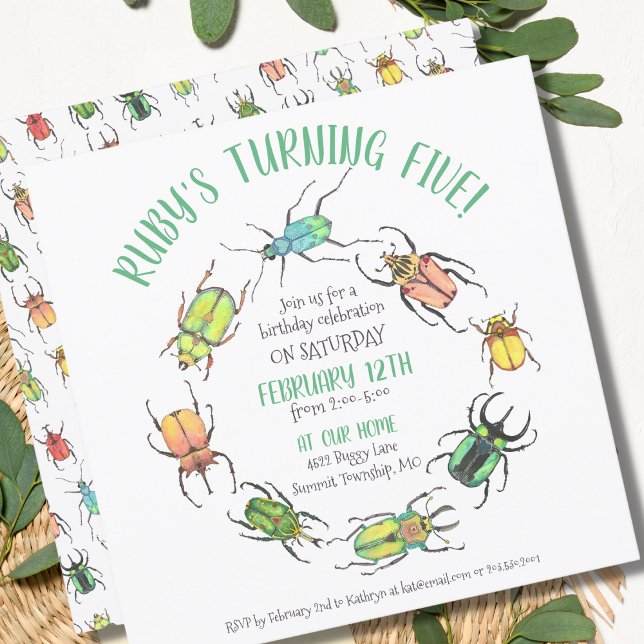 Love Bugs Circle Watercolor Beetles Birthday Invitation (Creator Uploaded)