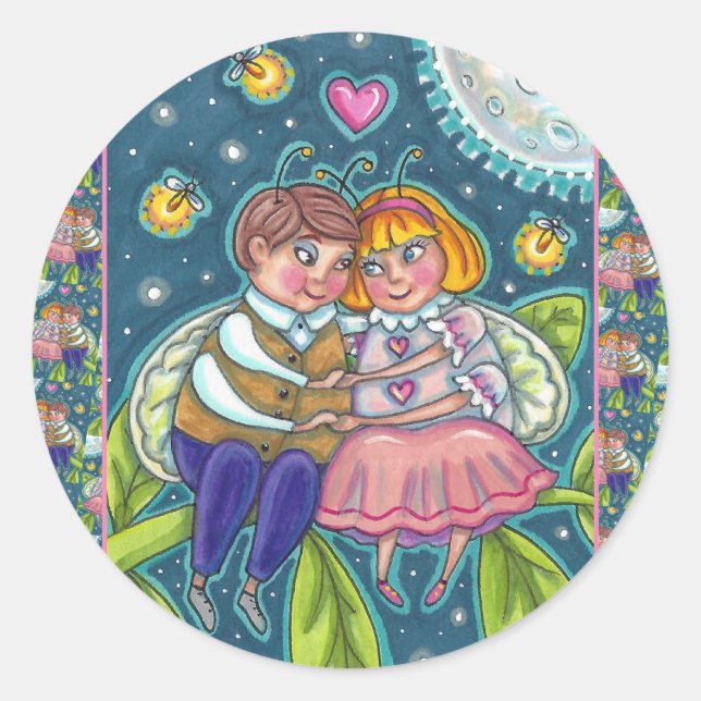 LOVE BUGS, FIREFLIES & FULL MOON, CUTE VALENTINE CLASSIC ROUND STICKER (Front)